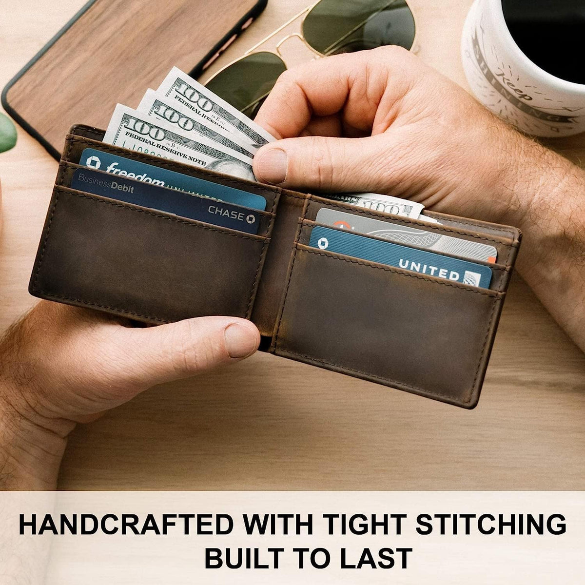 Minimalist Wallet for Men RFID Leather Bifold Slim Billfold with ID and Card Slots