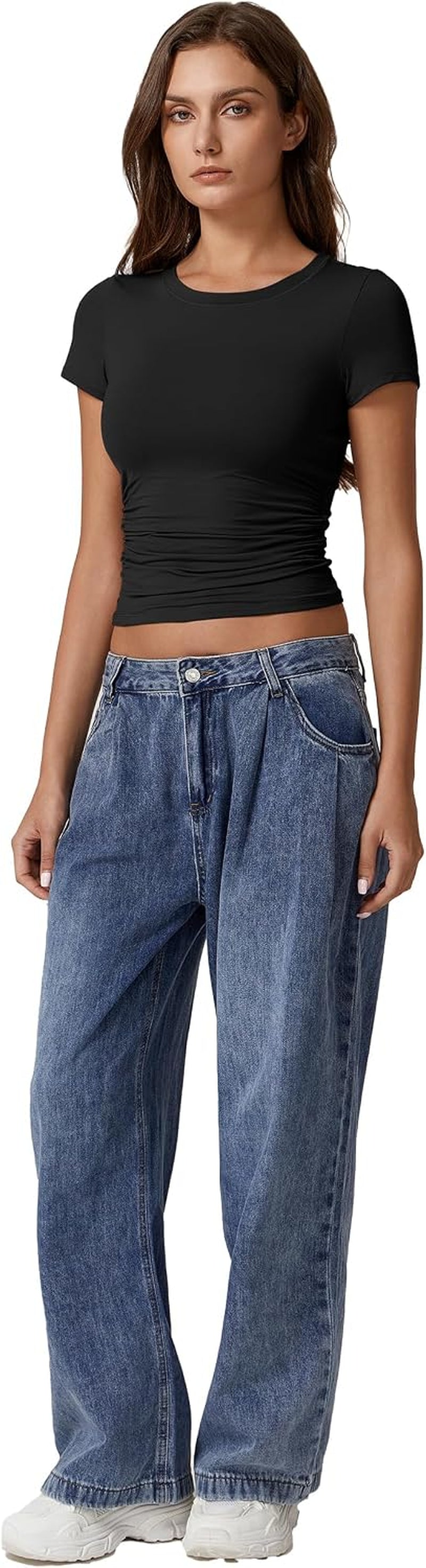 Short Sleeve Shirts for Women round Neck Basic Double Lined Tees Fitted Y2K Crop Tops