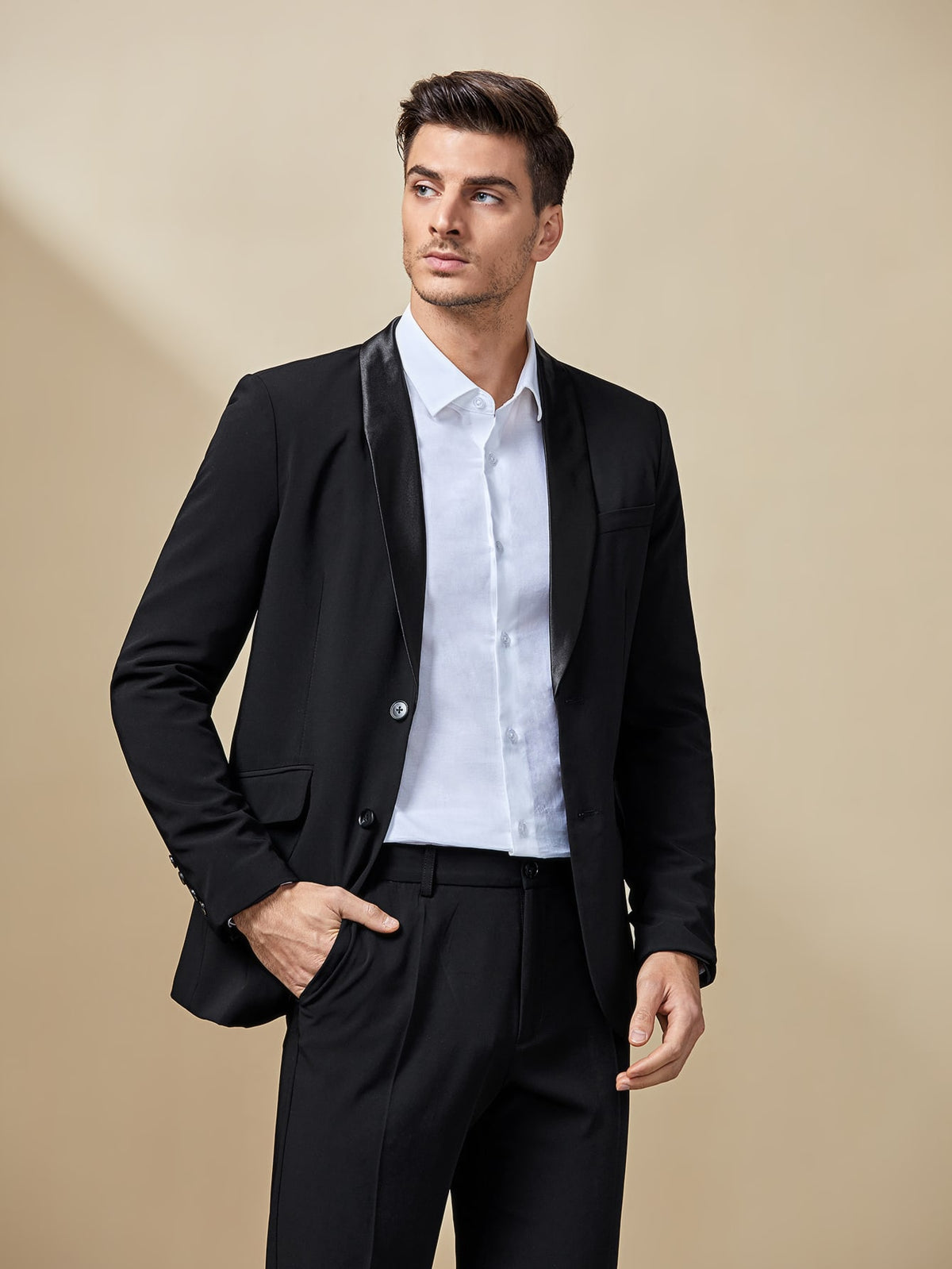 Men Solid Shawl Collar Blazer Suit Pants