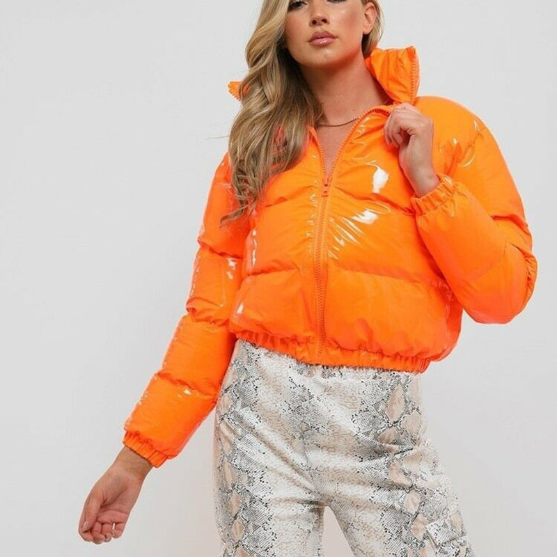 ZHYMIHRET Y2K Neon Color Women's Down Jacket 2021 Long Sleeve Parka Stand Collar Winter Warm Coat Mirror Smooth Zipper Overcoat