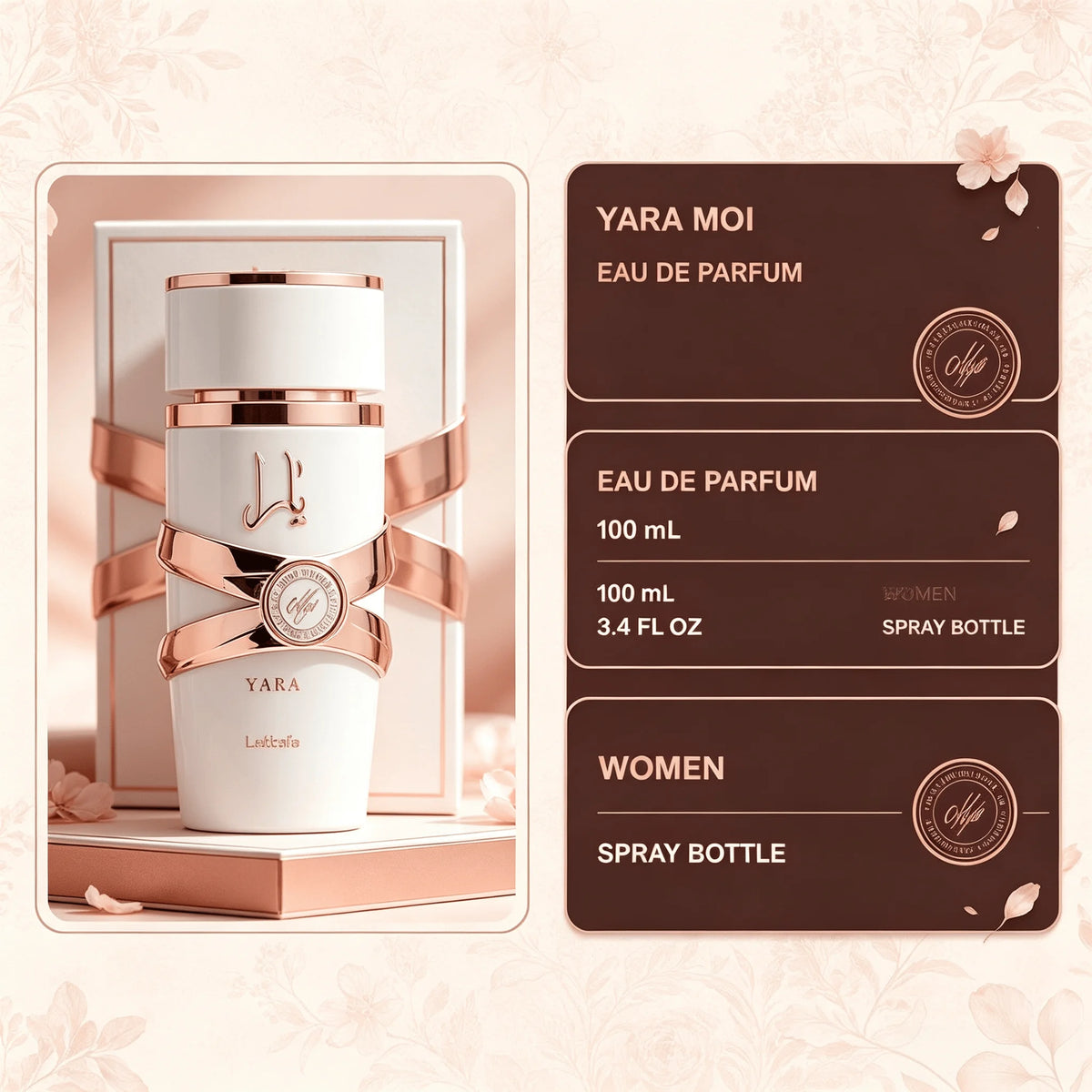 Lattafa Yara Moi Eau De Parfum 3.4 oz / 100 ml for Women, White Yara Sweet Fruity Floral Gourmand Perfume with Pear, Pink Pepper, Black Currant, Tuberose, Jasmine, Almond, Vanilla, Cashmeran and Patchouli, Elegant Signature Scent