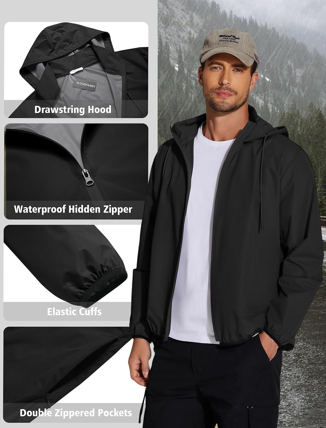 Men'S Light Rain Jacket Packable Waterproof Raincoat Windbreaker