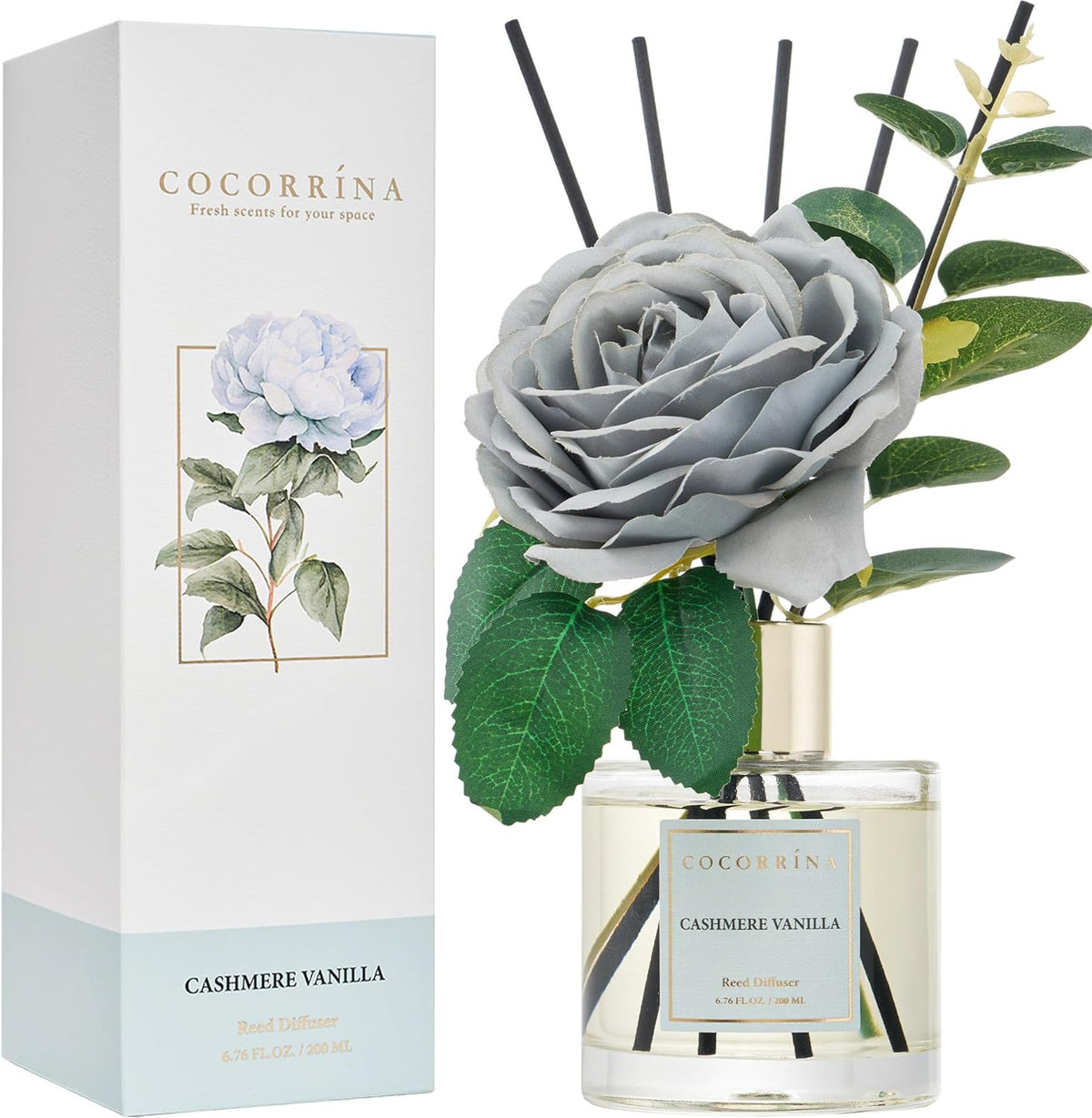 Cocorina Reed Diffuser Set, Flower Reed Diffuser Cashmere Vanilla, Scented Diffuser with Sticks Home Fragrance Essential Oil for Bathroom Shelf Decor, Living Room, Large Room, Rose/6.7 Ounce/1Pack