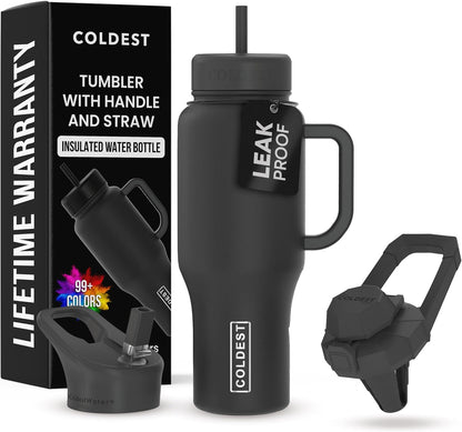 Coldest Tumbler with Handle and Straw - 100% Leak Proof Insulated Tumbler with Lid and Straw (3 Lids) - Stainless Steel Tumblers for Women & Men - Cup Holder Friendly Base, 36 Oz (Stealth Black)