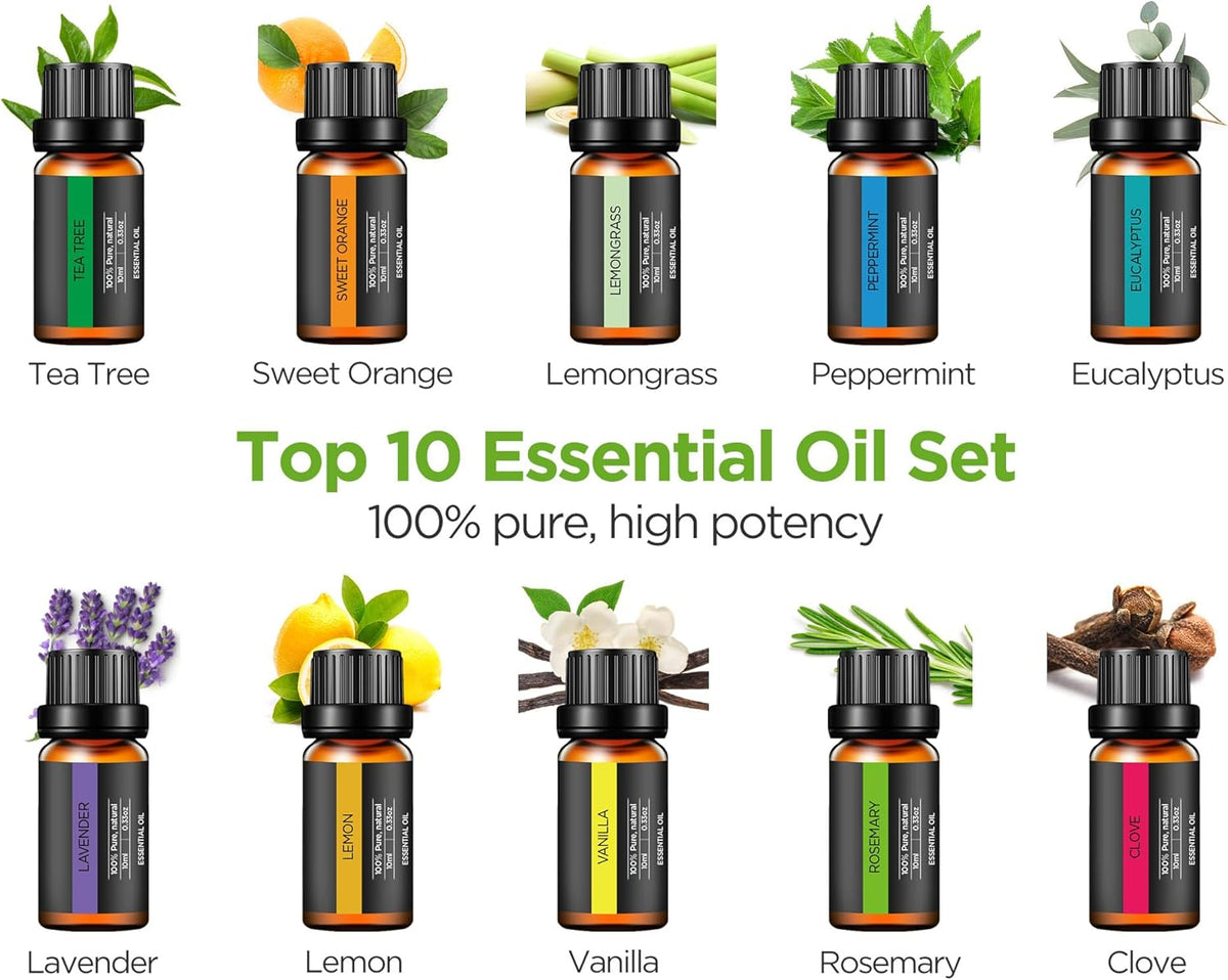 400Ml Aromatherapy Essential Oil Diffuser 10 Oils Gift Set, Dark
