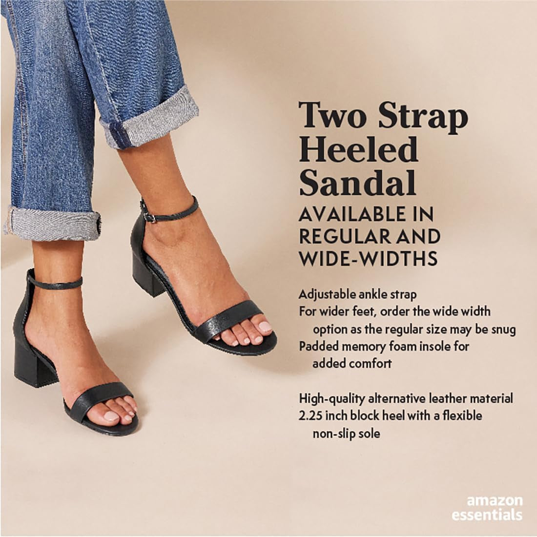 Women'S Two Strap Heeled Sandals with Adjustable Ankle Strap, Padded Memory Foam Insole