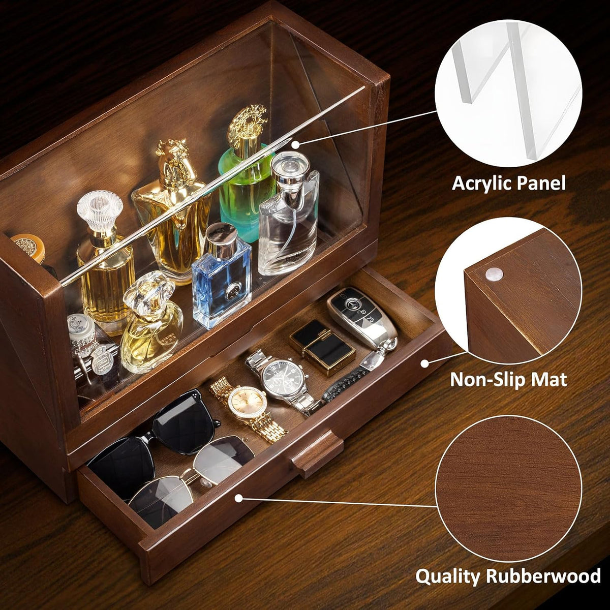 Cologne Organizer for Men, Wood Cologne Stand with Drawer, Large Capacity Cologne Shelf with Cologne Holder Display Large Storage Size15.6 * 11.8 * 6.1In