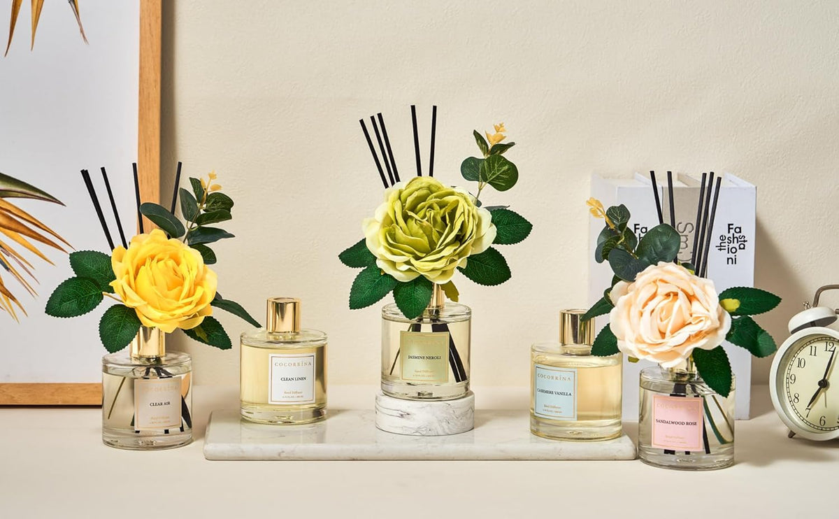 Cocorina Reed Diffuser Set, Flower Reed Diffuser Cashmere Vanilla, Scented Diffuser with Sticks Home Fragrance Essential Oil for Bathroom Shelf Decor, Living Room, Large Room, Rose/6.7 Ounce/1Pack
