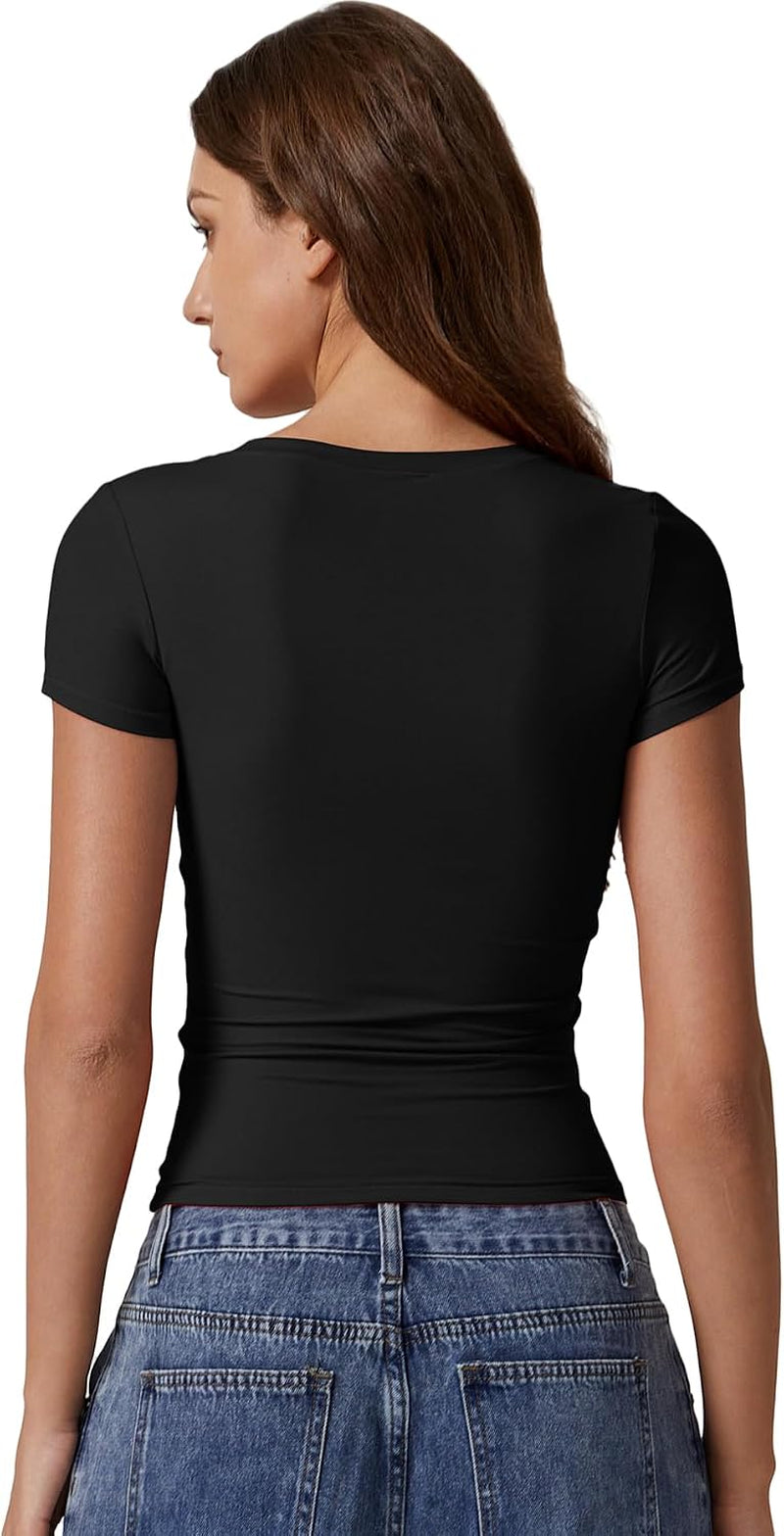 Short Sleeve Shirts for Women round Neck Basic Double Lined Tees Fitted Y2K Crop Tops