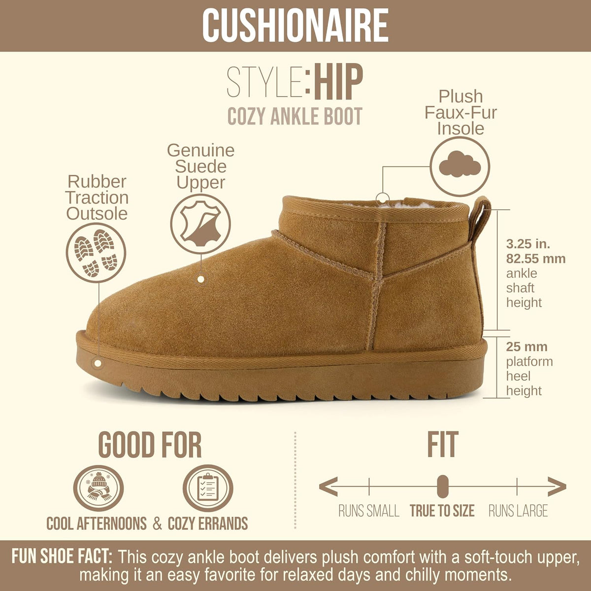 Hip-3 Genuine Suede Leather Ankle Boots for Women – Pull on Cozy Faux Fur Boots Womens Shoes with Comfortable Memory Foam