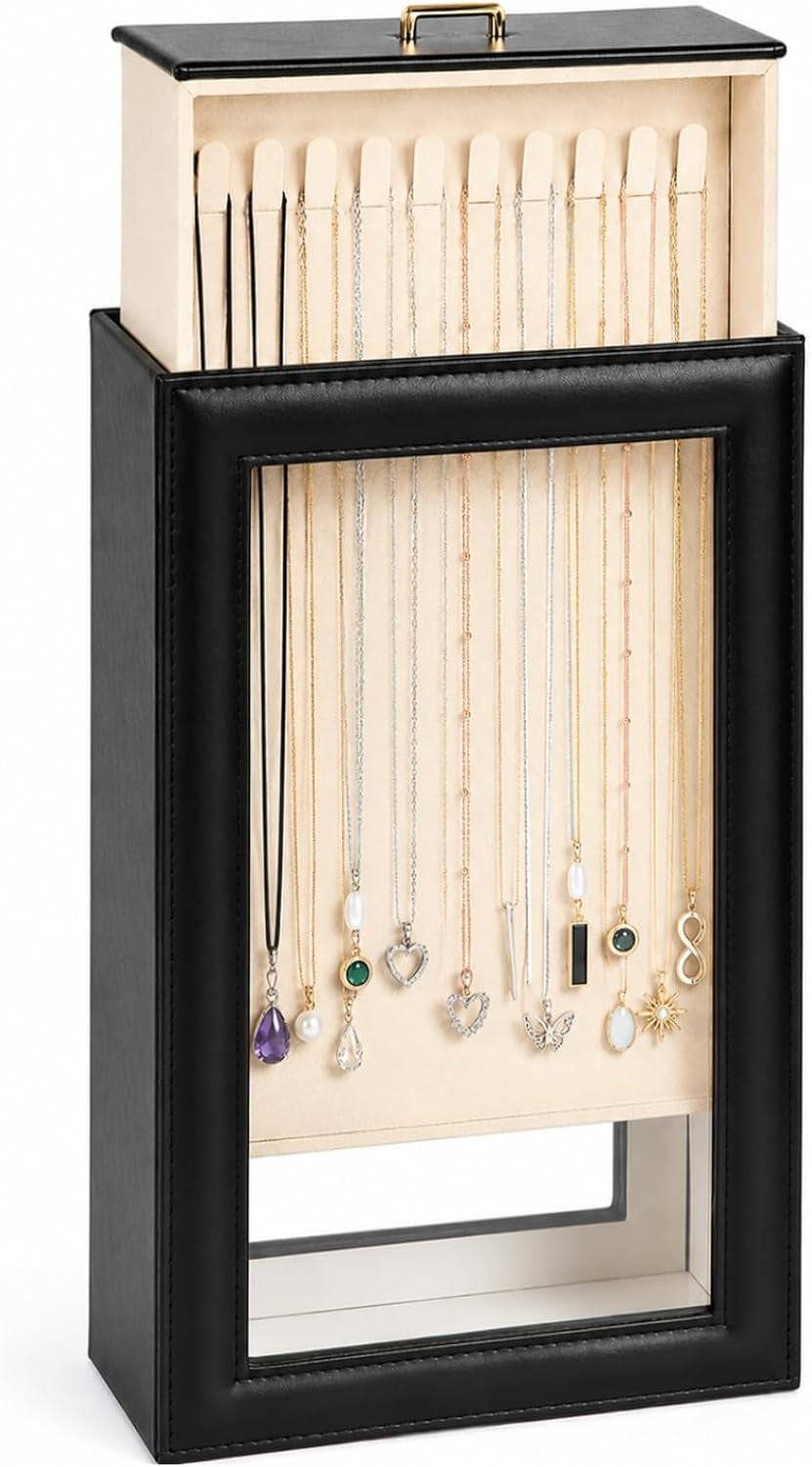 Necklace Organizer Box, Black Leather, 20 Hooks, 12 Inch