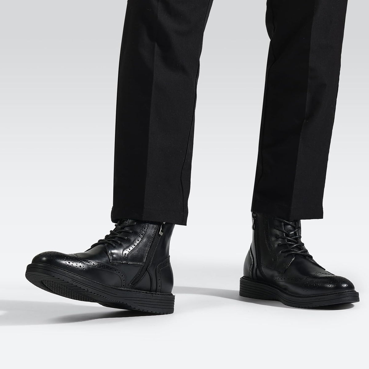 Mens Dress Boots, Genuine Leather Brogue Wingtip Mens Casual Oxford Boots with Side Zipper, Comfortable Formal Lace up Chukka Ankle Boot for Men