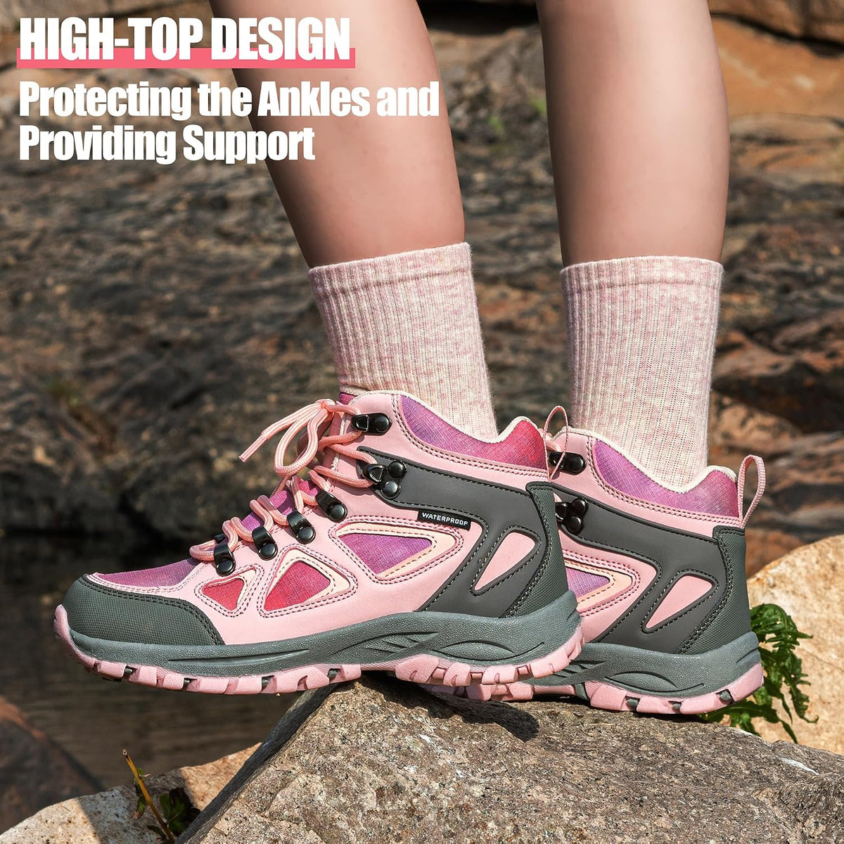 Kids Hiking Boots Waterproof Durable TPR Traction Outsole Anti-Skid Athletic Lace up Hiking Shoes for Outdoor Adventure