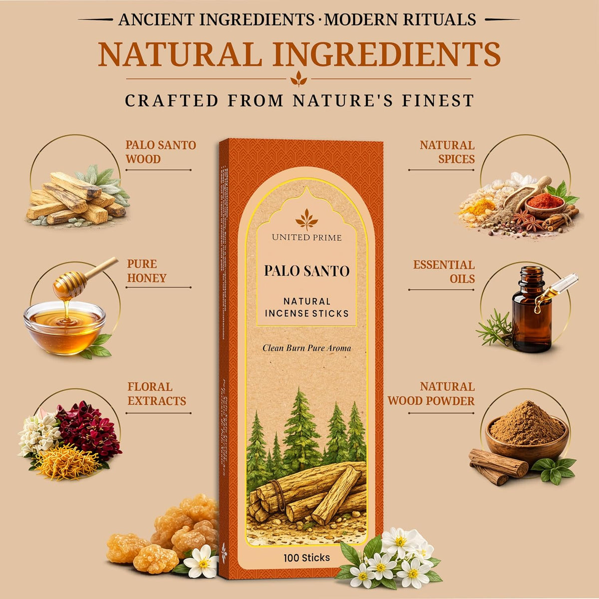 Palo Santo Incense Sticks, 100 Sticks, Organic Non Toxic Insence,No Charcoal Clean Burning, 100% Natural Sustainably Harvested, Spiritual Healing Calming Aroma for Positive Vibes
