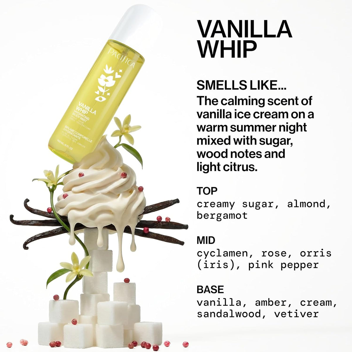 Vanilla Whip Body Mist for Women; Sweet Gourmand Hair and Body Fragrance Spray | Warm Sugar Almond Scent, Odor Neutralizing, Skin Hydrating | Clean Botanical Mist | Vegan, Phthalate-Free 5Oz
