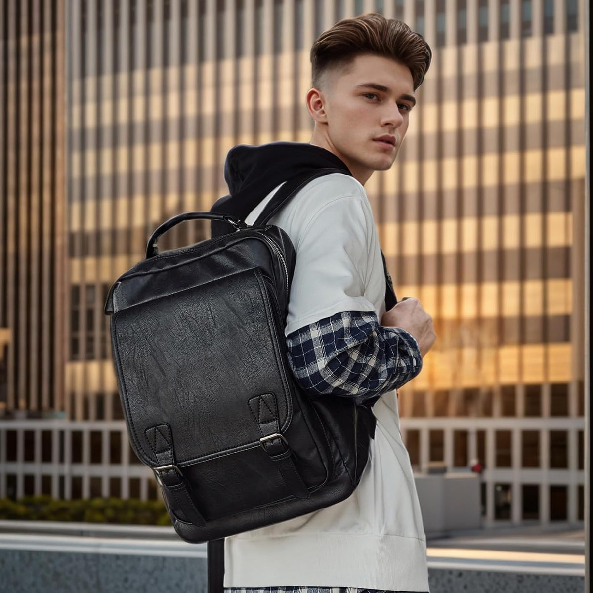 Leather Backpack Fits 15.6 Inch Laptop Vintage Backpack Waterproof Flap Bookbag for Men Leather Travel Backpack for Men Casual Knapsack Black