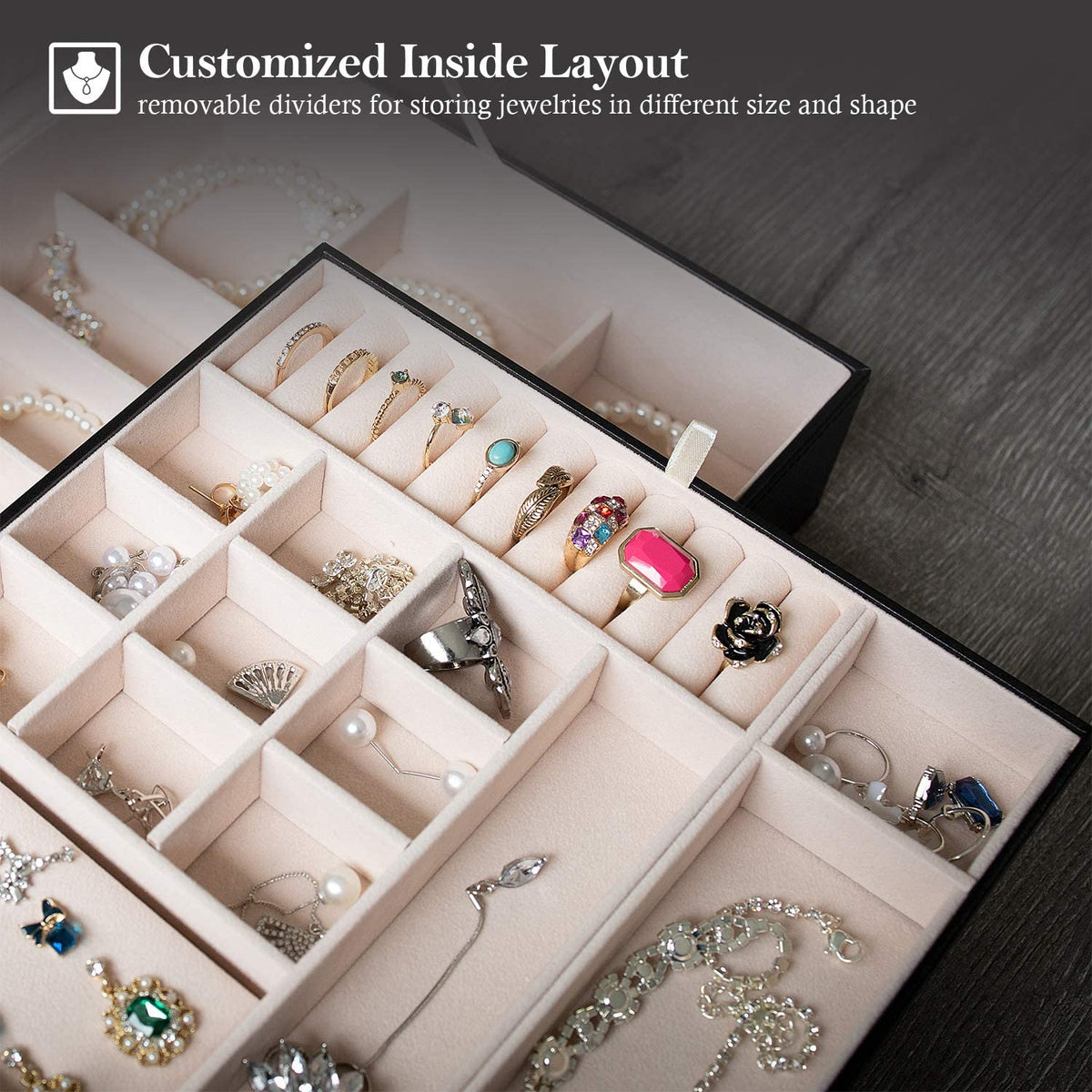 2 Layers Jewelry Box for Women -Black
