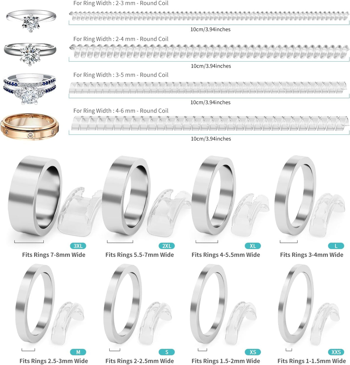 Ring Sizers for Loose Rings - 12Pack, 12 Sizes, Ring Guards for Women& Men Loose Rings, Invisible Resizer Design for Spacers & Tighteners, Fits Bands Width to 1Mm-8Mm
