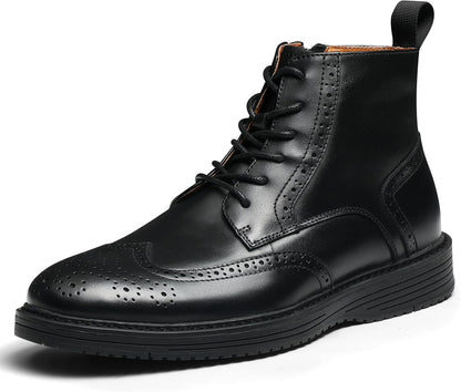 Mens Dress Boots, Genuine Leather Brogue Wingtip Mens Casual Oxford Boots with Side Zipper, Comfortable Formal Lace up Chukka Ankle Boot for Men
