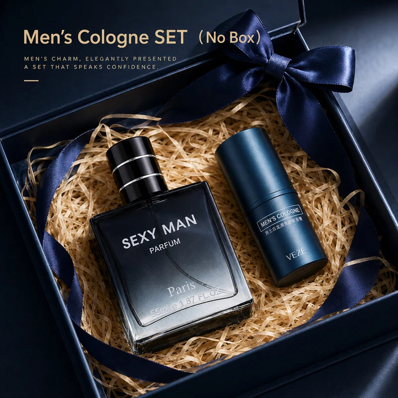 Men’s Perfume Set 2-in-1 Spray & Solid Cologne Long Lasting Fresh Woody Scent Portable Travel Date Fragrance Gift for Men