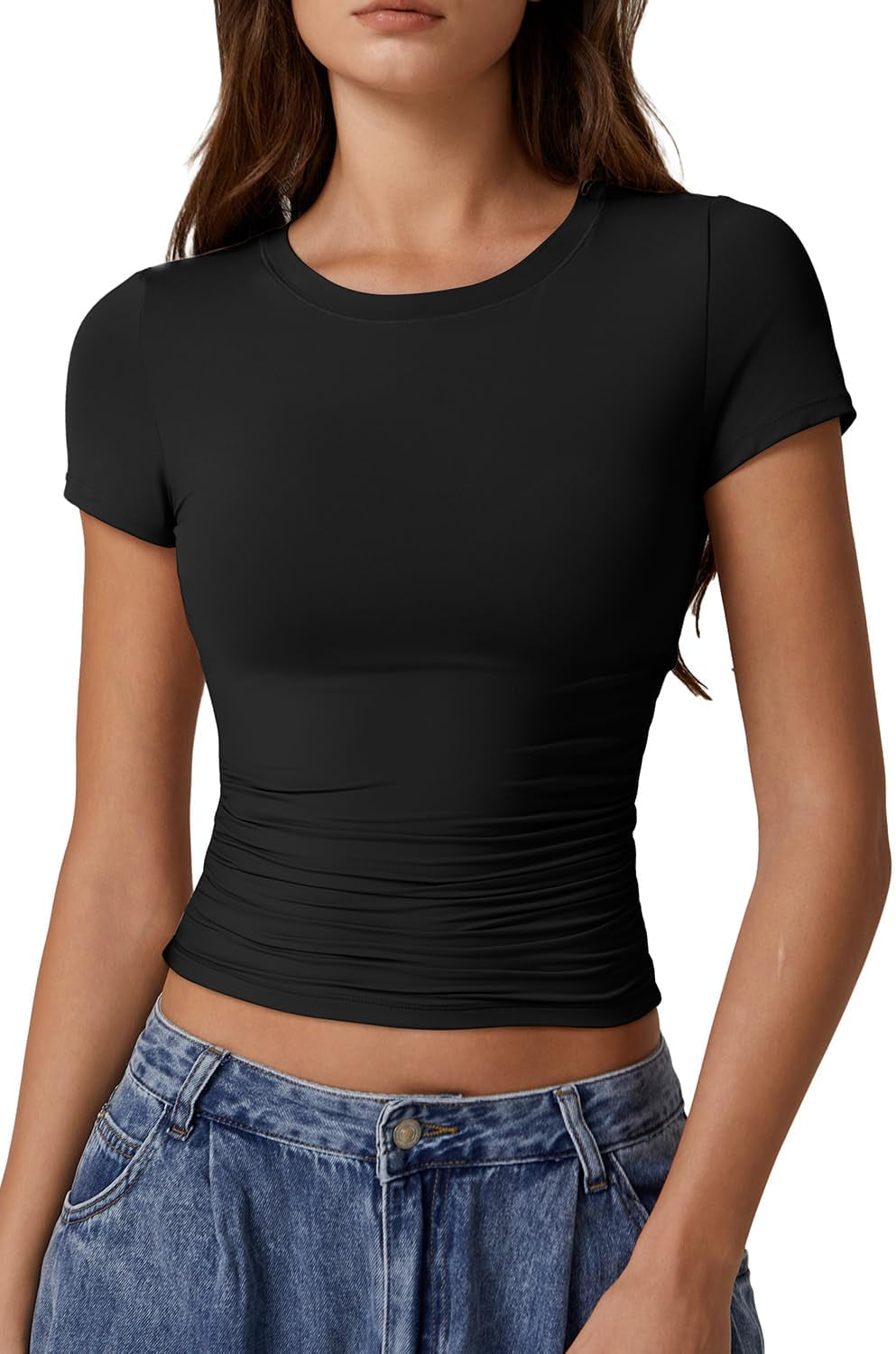 Short Sleeve Shirts for Women round Neck Basic Double Lined Tees Fitted Y2K Crop Tops