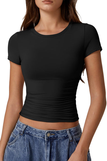 Short Sleeve Shirts for Women round Neck Basic Double Lined Tees Fitted Y2K Crop Tops