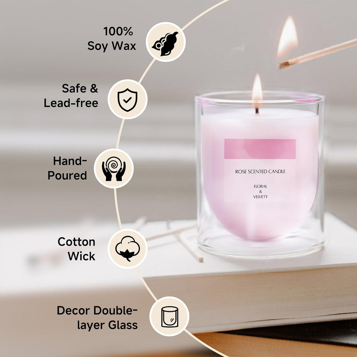 Rose Scented Candles, Pink Floral Aromatherapy Candle Gifts for Women Lover