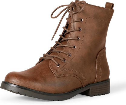 Women'S Lace-Up Combat Ankle Boots with Side Zipper, Lug Sole