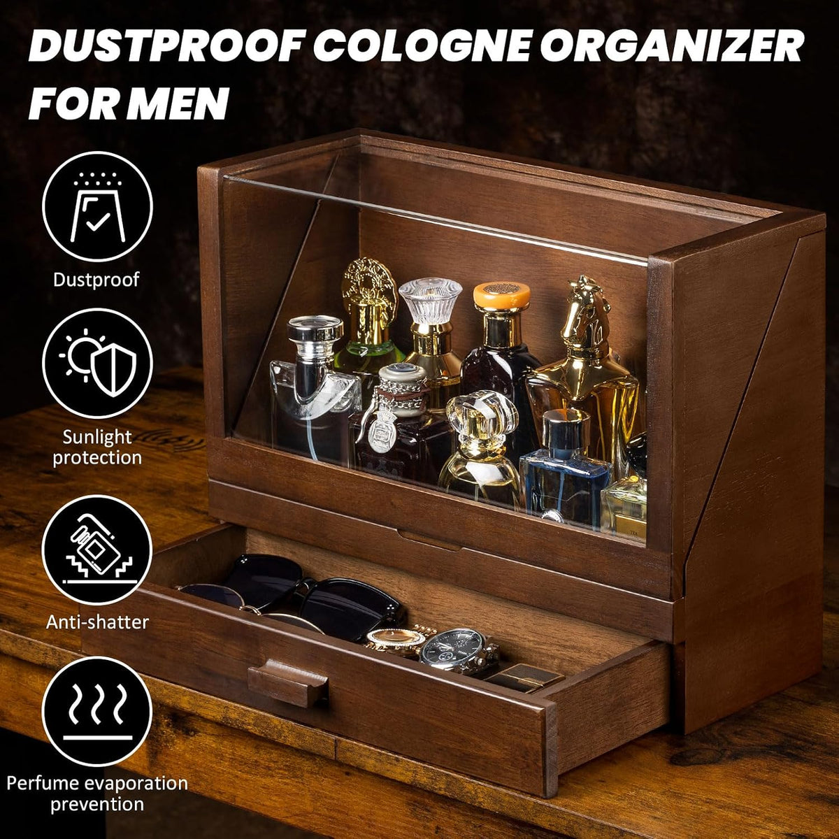 Cologne Organizer for Men, Wood Cologne Stand with Drawer, Large Capacity Cologne Shelf with Cologne Holder Display Large Storage Size15.6 * 11.8 * 6.1In