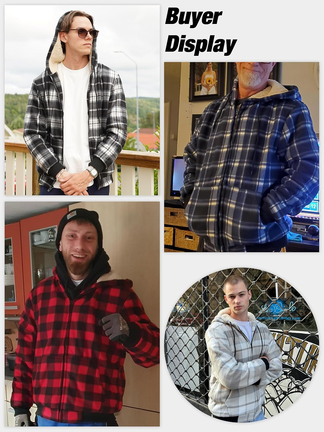 Heavy Thick Hoodies for Men Plaid Flannel Sherpa Lined Zip up Coat