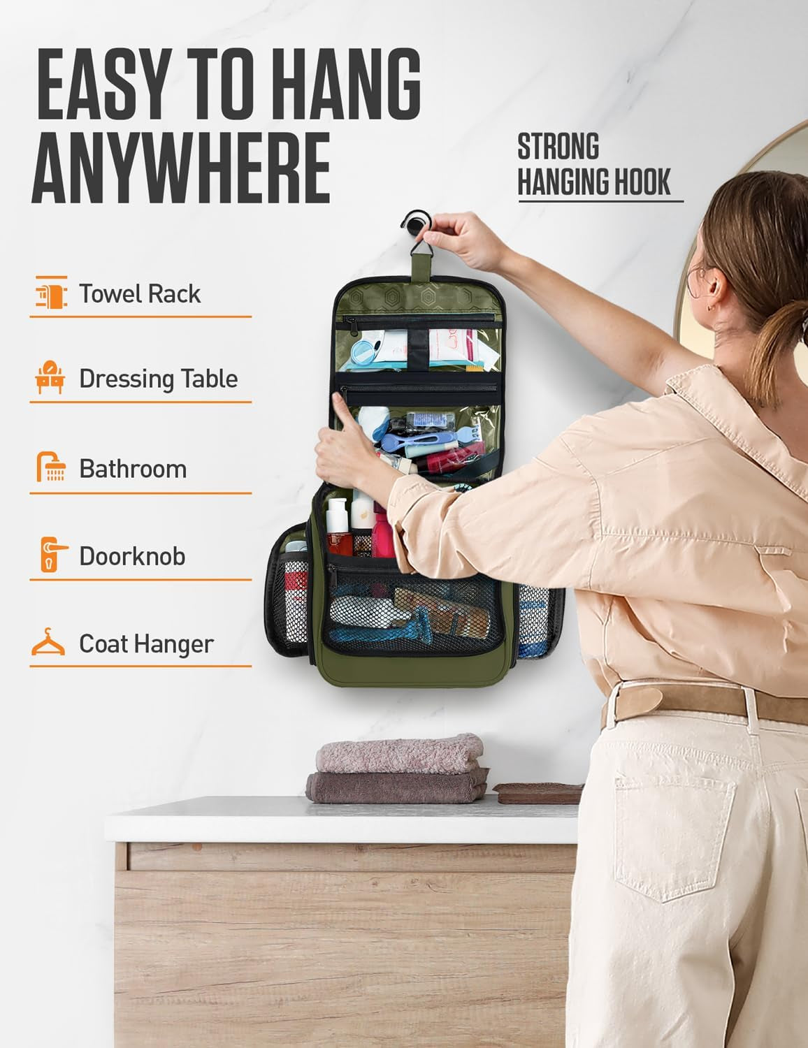 Hanging Travel Toiletry Bag, 18 Compartments - Forest Green