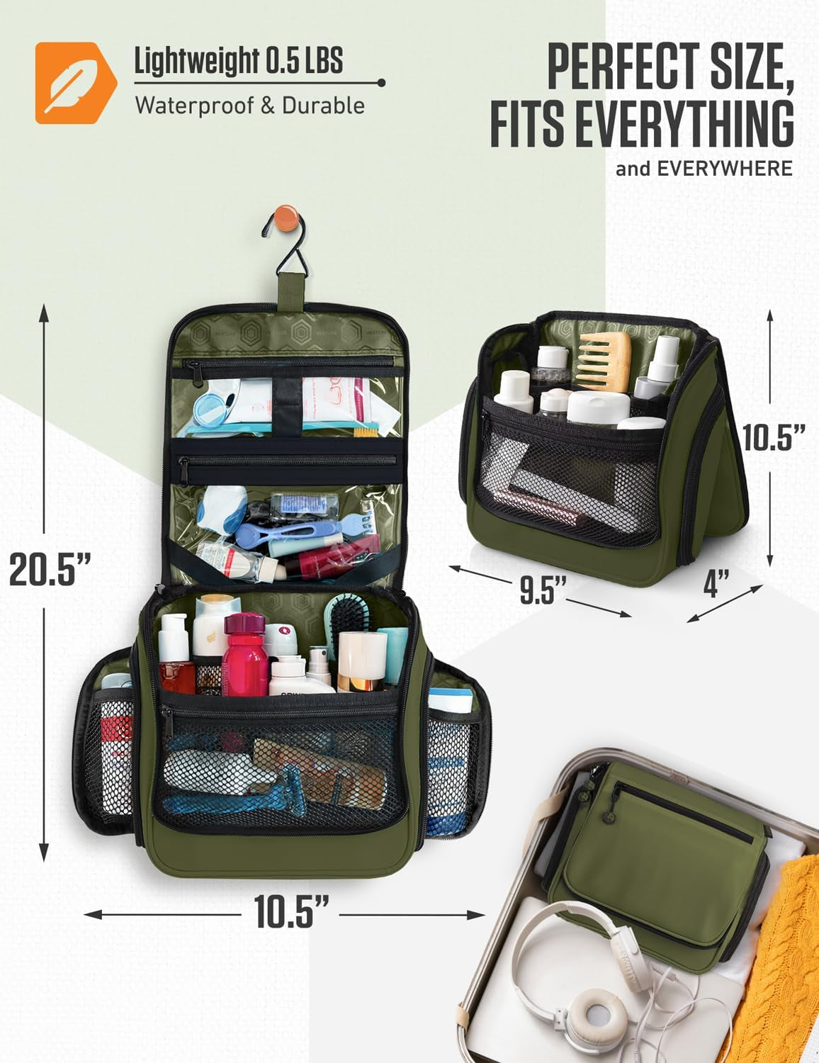 Hanging Travel Toiletry Bag, 18 Compartments - Forest Green