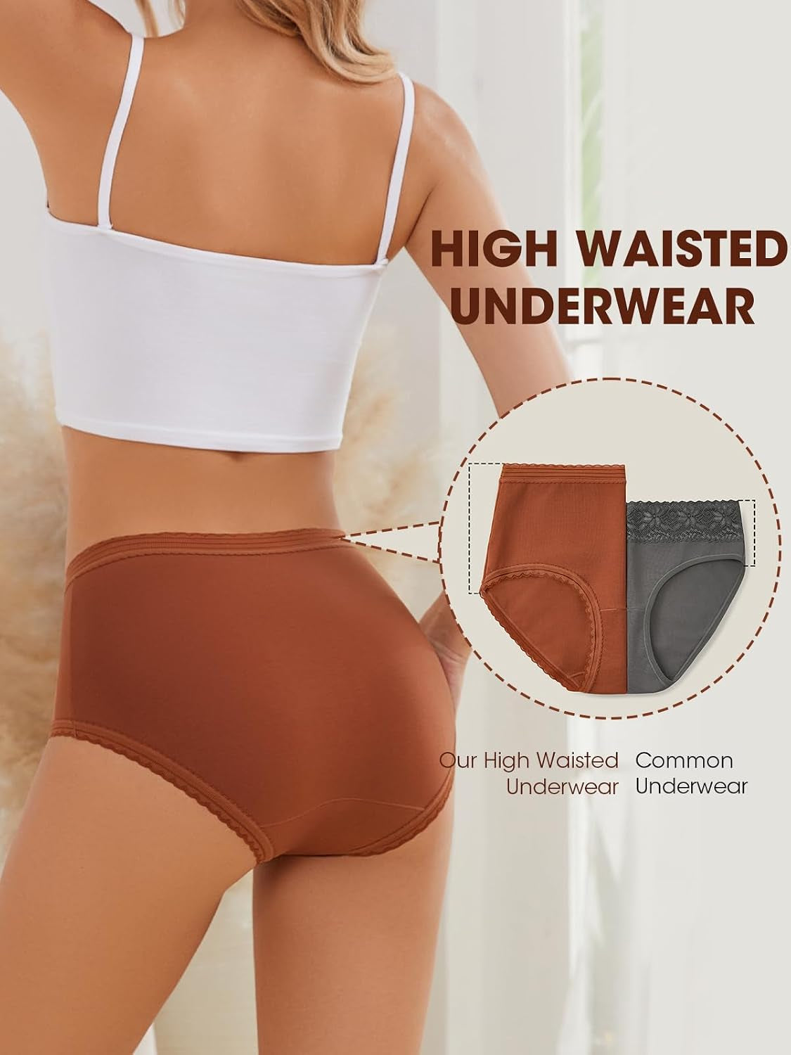 High Waisted Cotton Underwear for Women Ladies Lace Panties 4 Pack