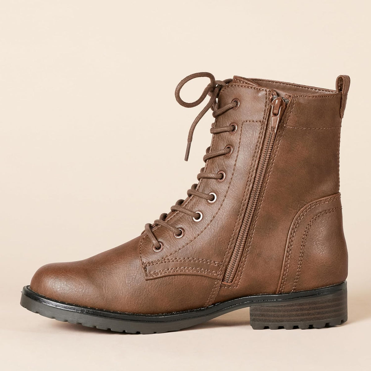 Women'S Lace-Up Combat Ankle Boots with Side Zipper, Lug Sole