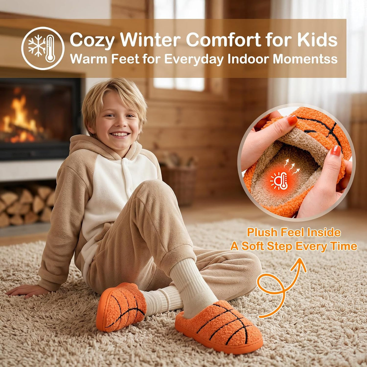 Kids Slippers, Warm Plush House Shoes with Non-Slip Sole