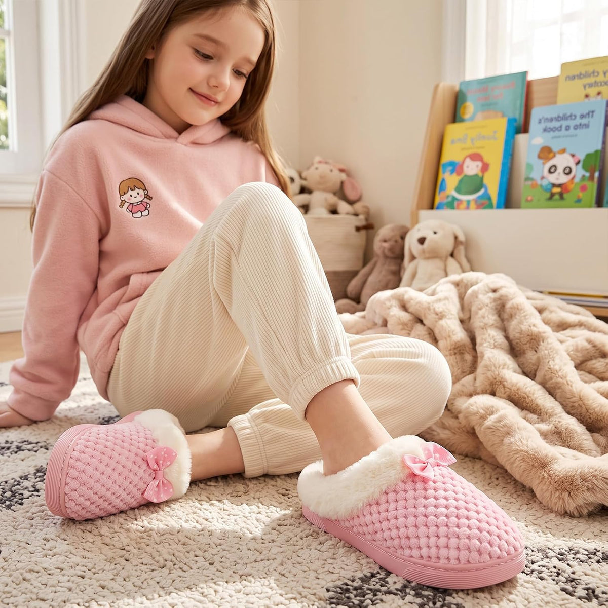 Girls Slippers Memory Foam Toddler Kids Comfort Wool-Like Plush Fleece Lined House Shoes for Indoor & Outdoor