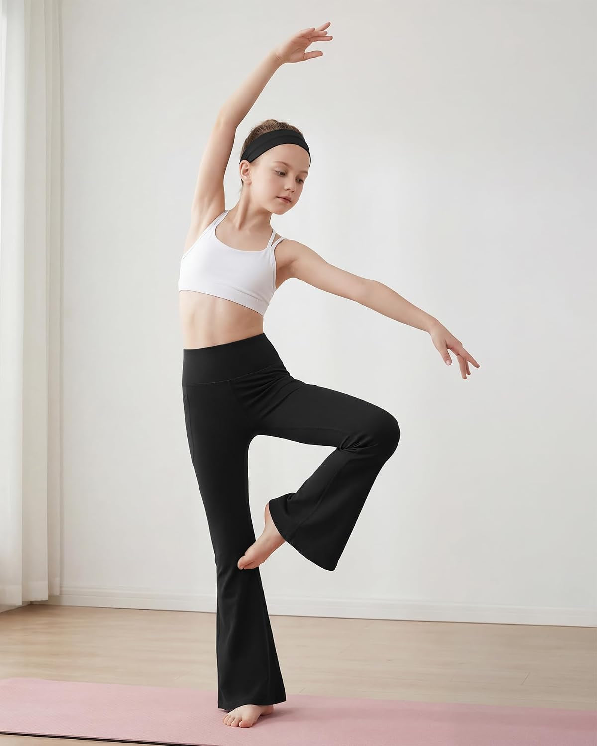 Girls Flare Leggings with Pockets High Waisted Yoga Dance Pants