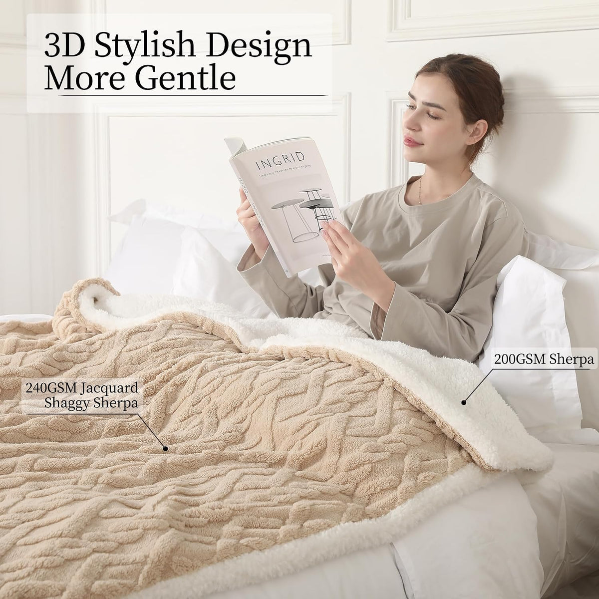 Electric Heated Blanket, 3D Pattern Design, Twin Size Sherpa Super Cozy Heated Blanket with 5 Heating Levels & 10 Hours Auto Off, Beige
