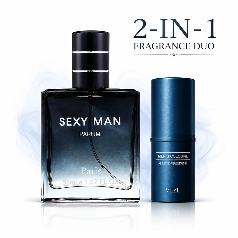 Men’s Perfume Set 2-in-1 Spray & Solid Cologne Long Lasting Fresh Woody Scent Portable Travel Date Fragrance Gift for Men