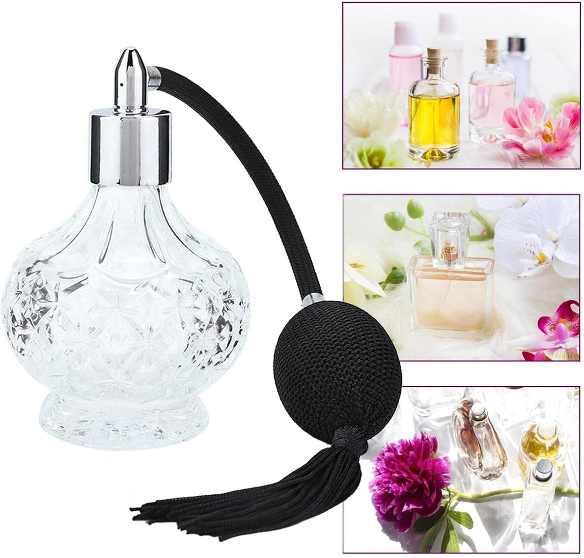Atomizador De Perfume De Cristal Recargable, 80 Ml, Botella De Perfume De Cristal Retro Recargable Con Borla, Atomizador Vacío Para Perfumes, Aceites Esenciales