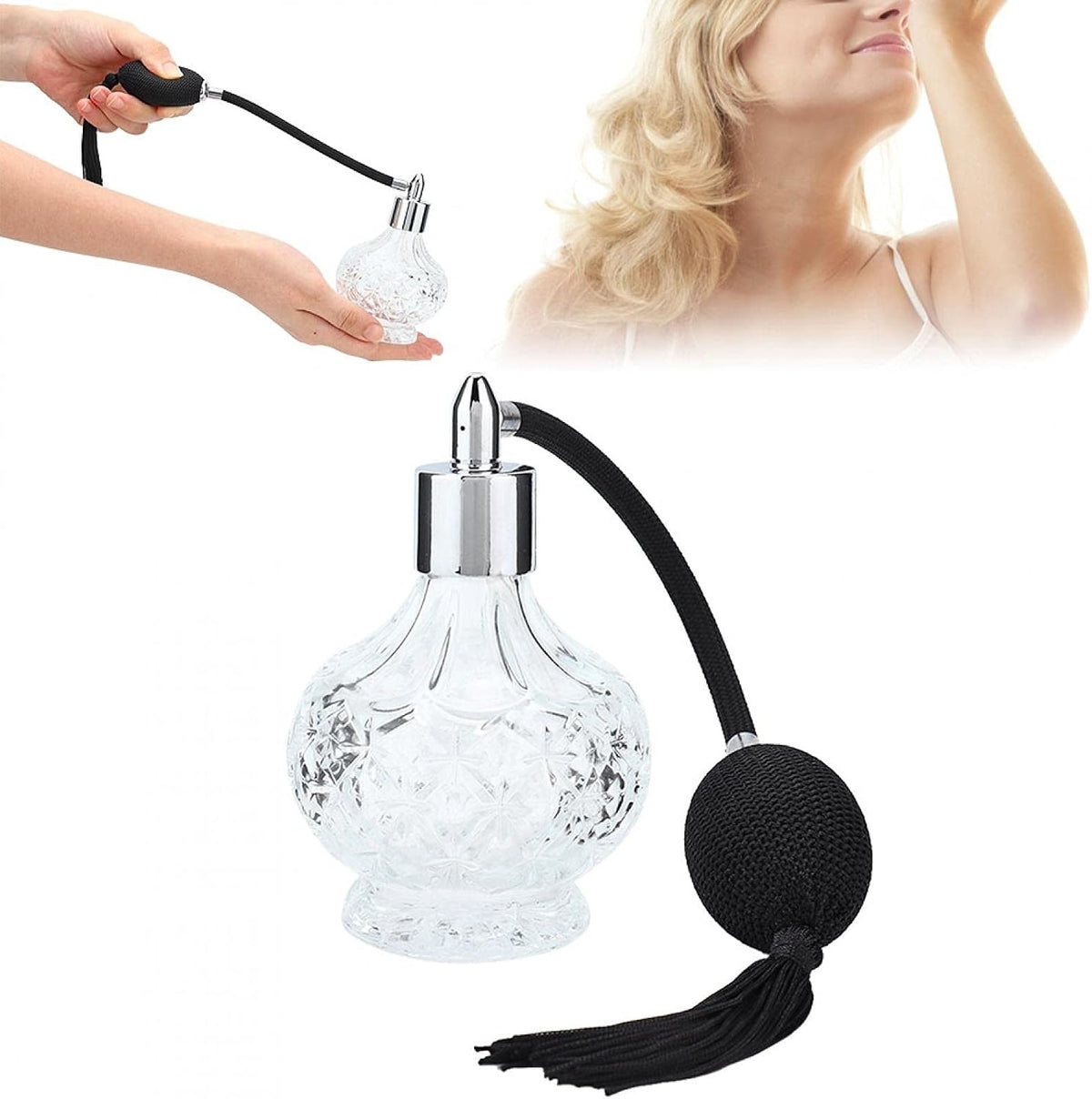 Atomizador De Perfume De Cristal Recargable, 80 Ml, Botella De Perfume De Cristal Retro Recargable Con Borla, Atomizador Vacío Para Perfumes, Aceites Esenciales