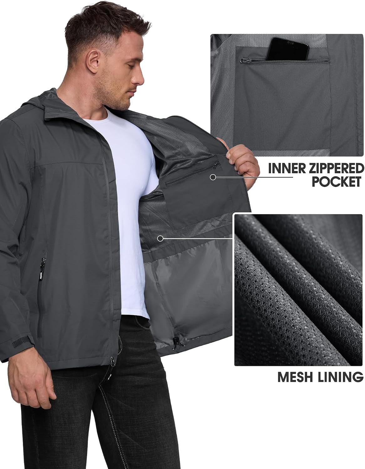 Men'S Packable Rain Jacket Waterproof Lightweight Raincoat