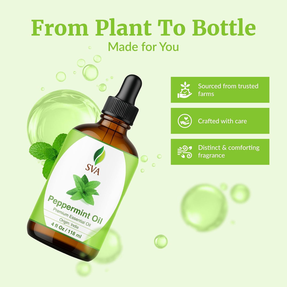SVA Peppermint Essential Oil, Glass Bottle with Dropper, 4 Fl Oz (118 Ml)