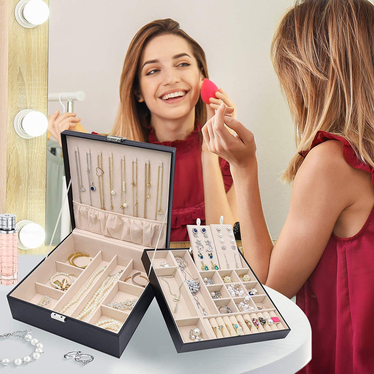 2 Layers Jewelry Box for Women -Black
