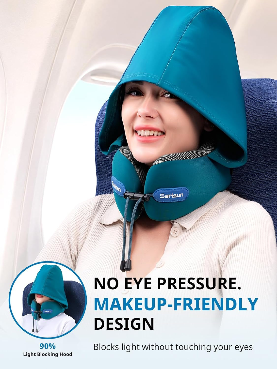 Travel Neck Pillow with Large Hood for Privacy Sleep on Long Flight