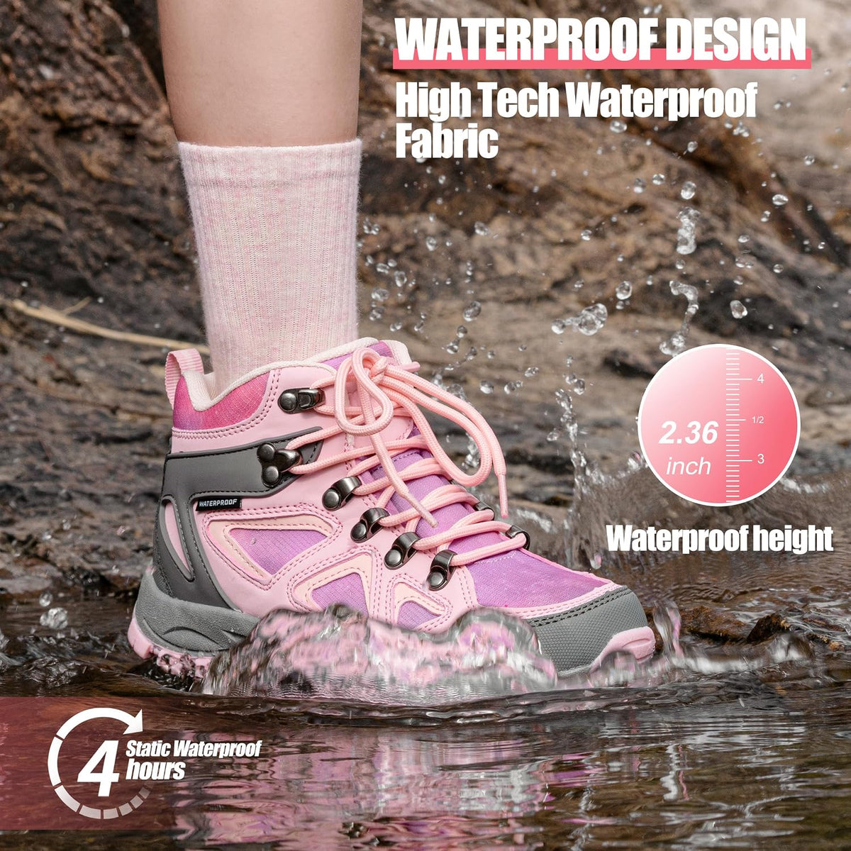 Kids Hiking Boots Waterproof Durable TPR Traction Outsole Anti-Skid Athletic Lace up Hiking Shoes for Outdoor Adventure