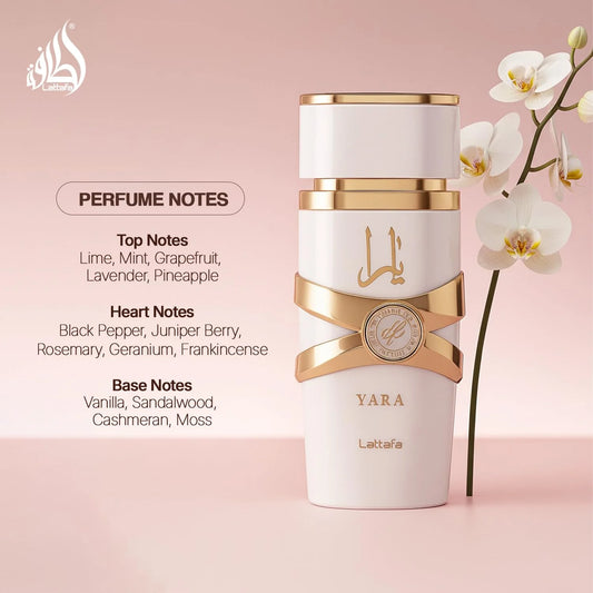 Lattafa Yara Moi Eau De Parfum 3.4 oz / 100 ml for Women, White Yara Sweet Fruity Floral Gourmand Perfume with Pear, Pink Pepper, Black Currant, Tuberose, Jasmine, Almond, Vanilla, Cashmeran and Patchouli, Elegant Signature Scent