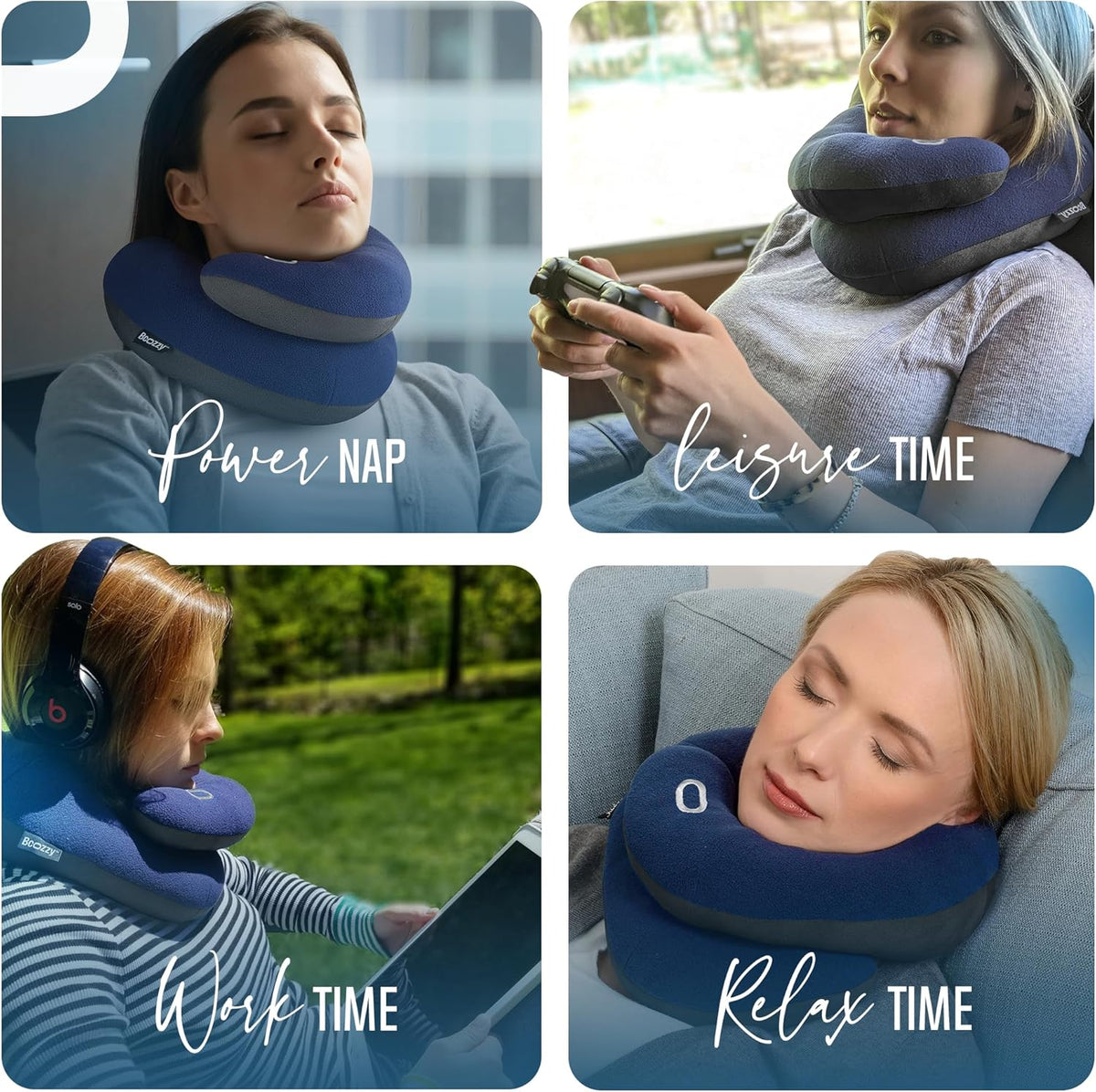 Travel Neck Pillow for Airplane - Patented Head, Neck & Chin Support. Soft, Adjustable Pillow for Comfortable Resting on Long Flights, Car Rides & Recliners. Washable, Carry Bag, Large, Navy