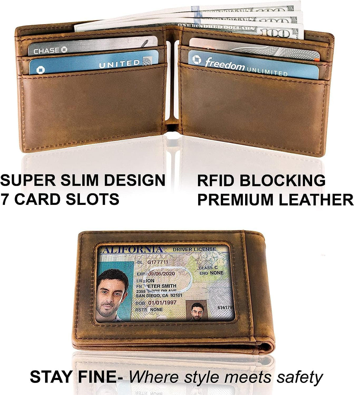 Minimalist Wallet for Men RFID Leather Bifold Slim Billfold with ID and Card Slots