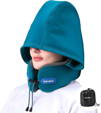 Travel Neck Pillow with Large Hood for Privacy Sleep on Long Flight